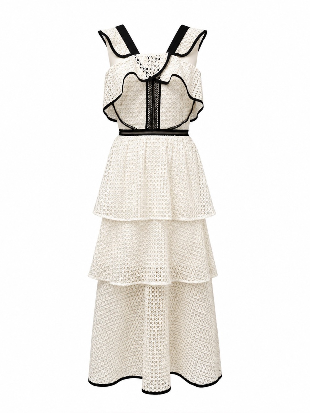 Self-Portrait | Cream Tiered Lace Midi Dress | Size US 2
